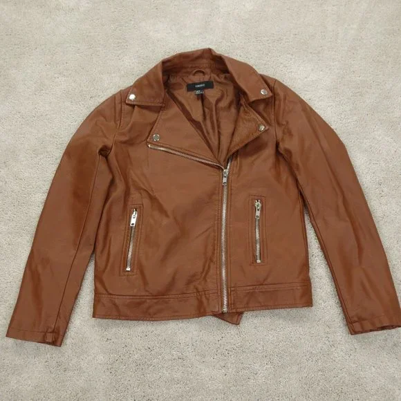 Forever 21 Moto Jacket Women's Small Brown Faux Leather Full Zip Long Sleeve - Main Image
